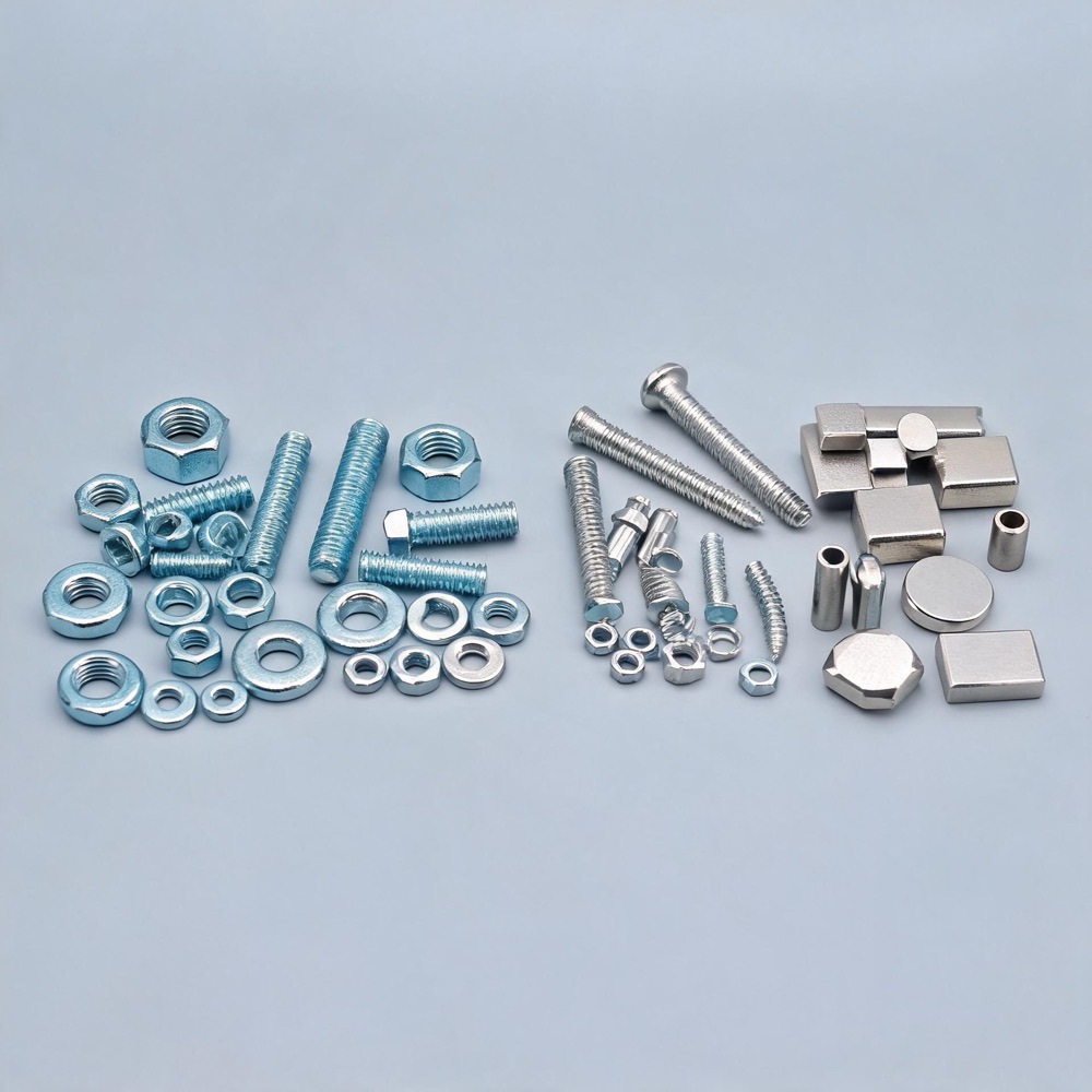 Zinc and nickel plated steel parts with bright metallic finish