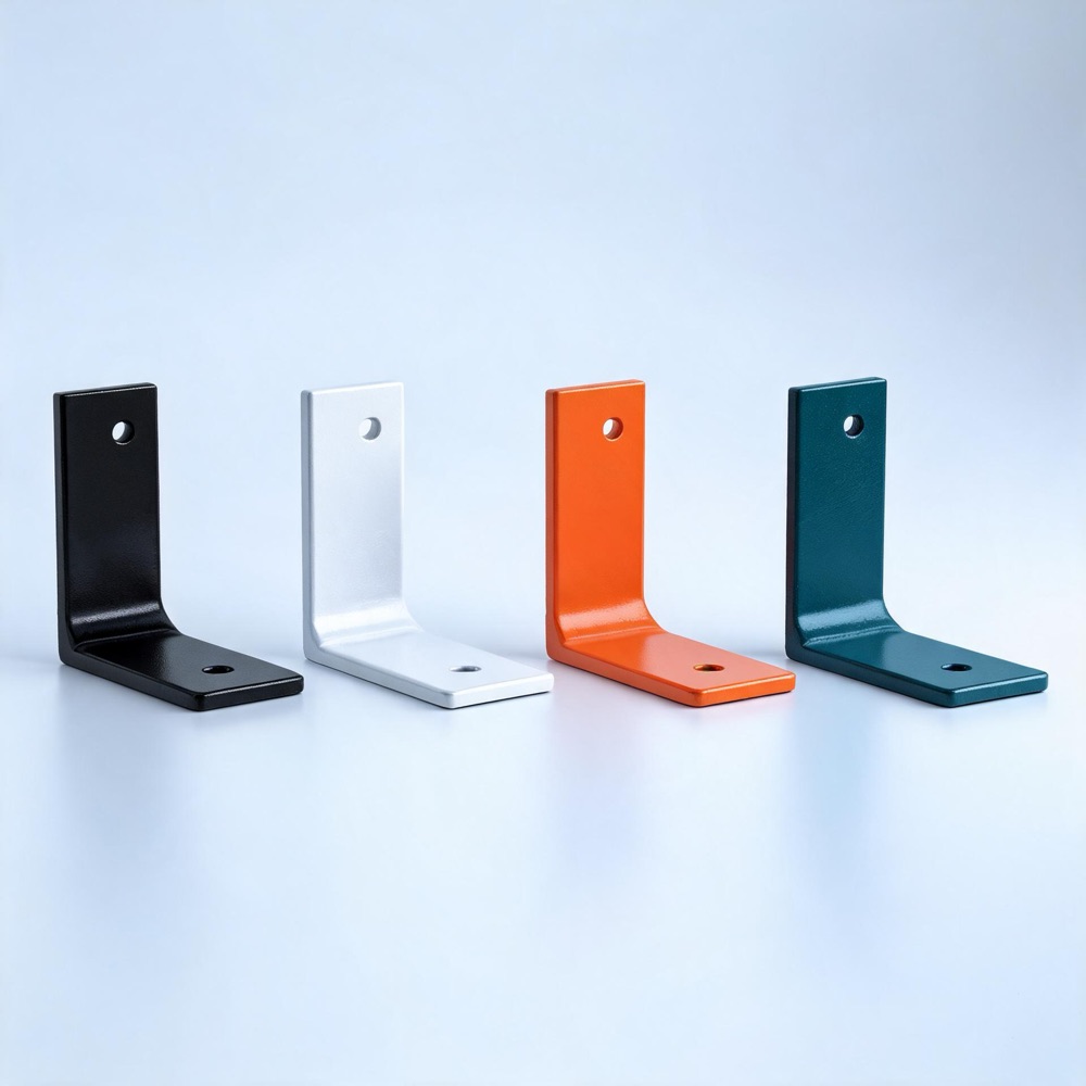 Powder coated steel brackets in black, white, orange, and teal