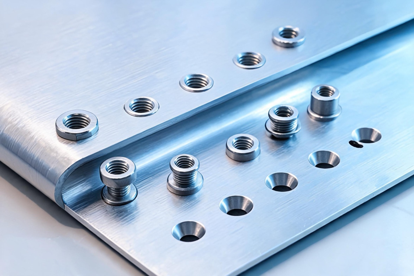 Sheet metal panel with press-fit self-clinching nuts, standoffs, and countersunk holes