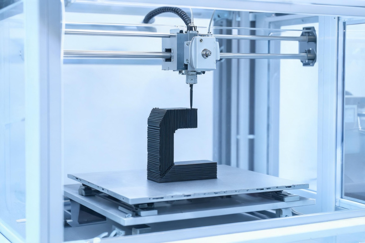Industrial 3D printer printing a polymer bracket