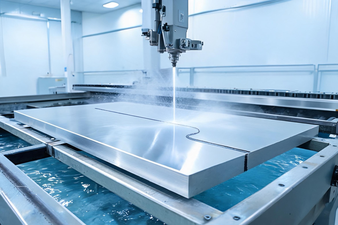 Waterjet cutting a thick aluminum plate with a high-pressure stream