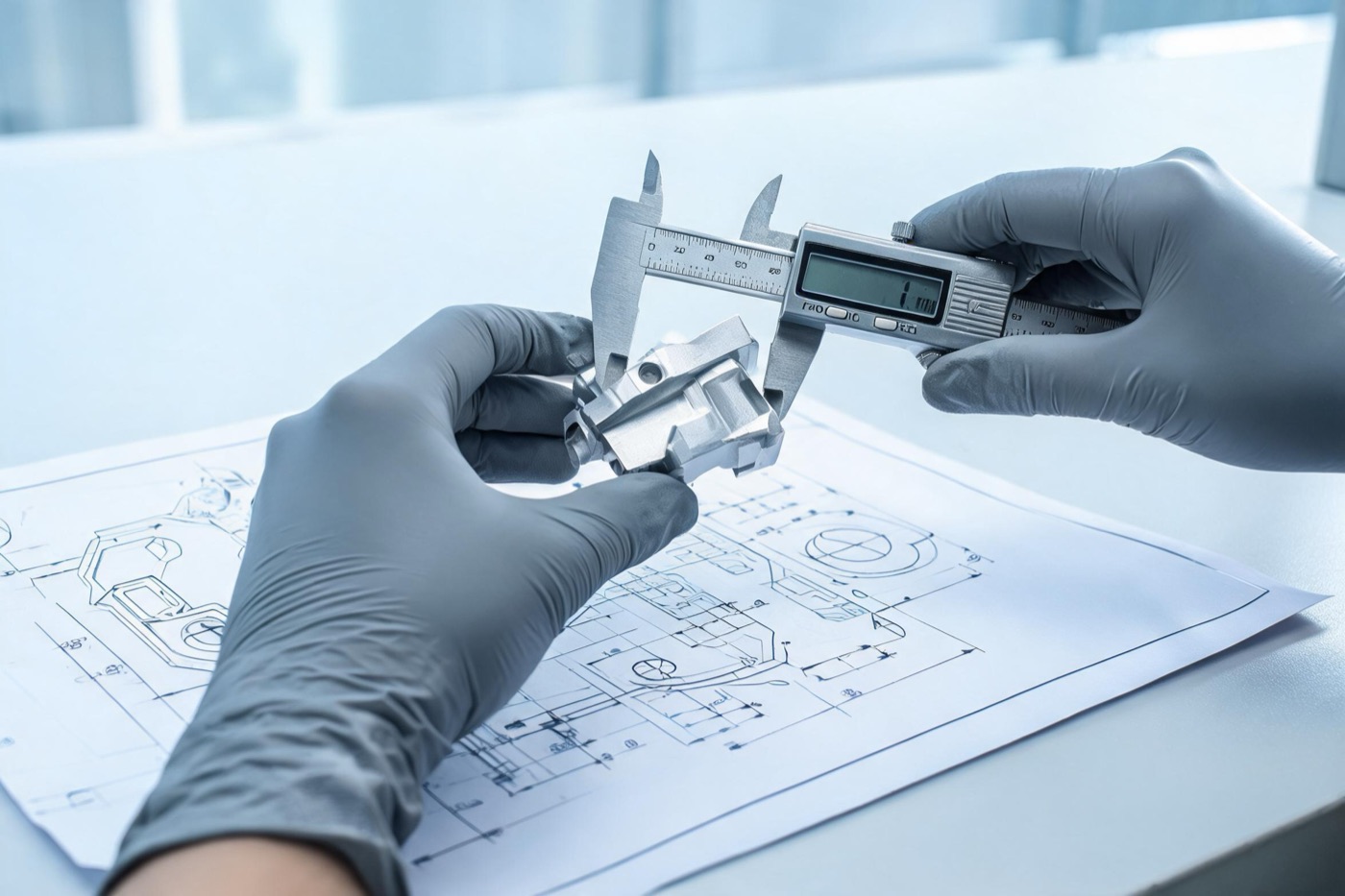 Quality inspection: measuring a machined part with digital calipers