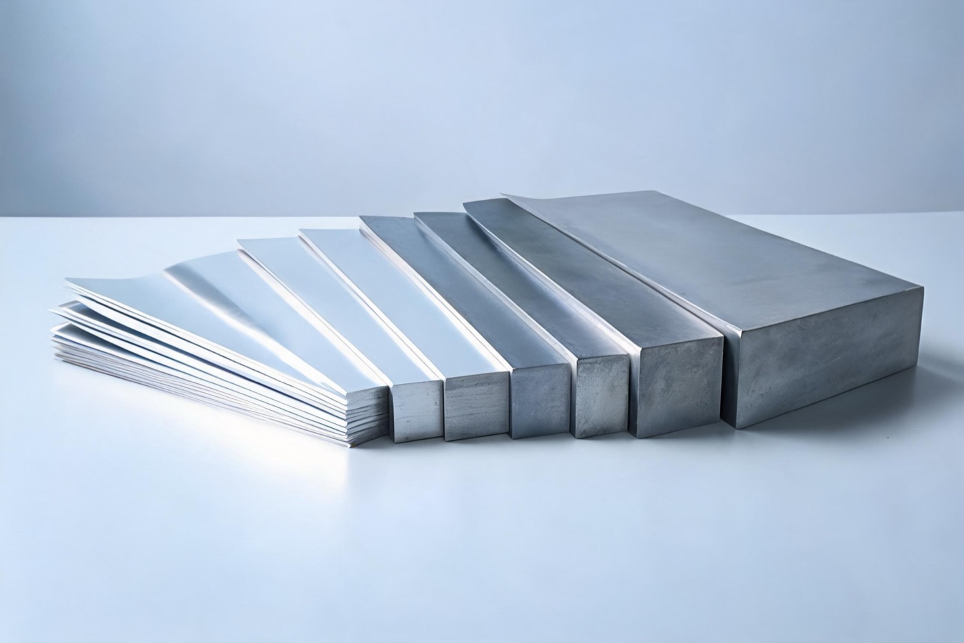 Fanned stack of sheet metal sheets from thin gauge to thick plate